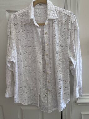 Vitamin A White Eyelet Cotton Button-Up Shirt Swim Coverup Oversized Small